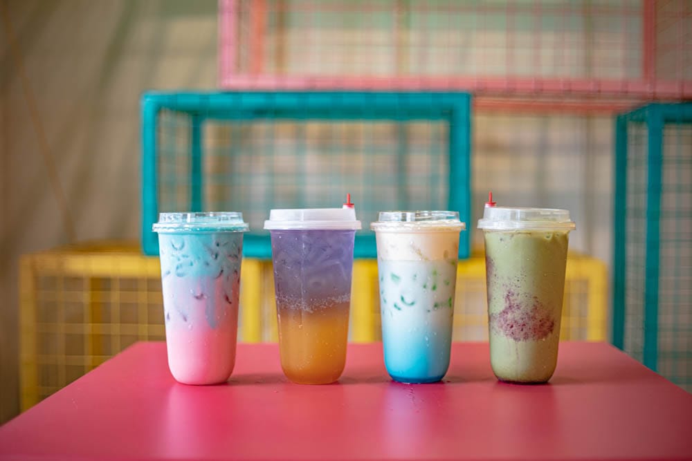 From left: Milk, Syrup, Grenadine, Blue Lagoon (RM 15.90); Peach, Passion Fruit, Butterfly Pea, Soda (RM13); Milk, Syrup, Blue Lagoon (RM 14.90); and Matcha, Milk, Raspberry Smoothie (RM 15.90). 